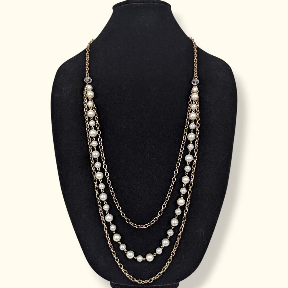 3-Strand Faux Pearl & Chain Necklace